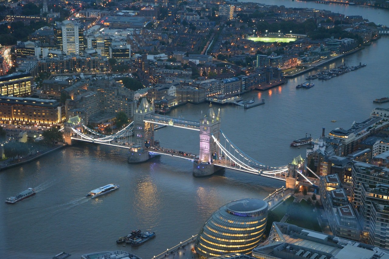 Sky view of London at night