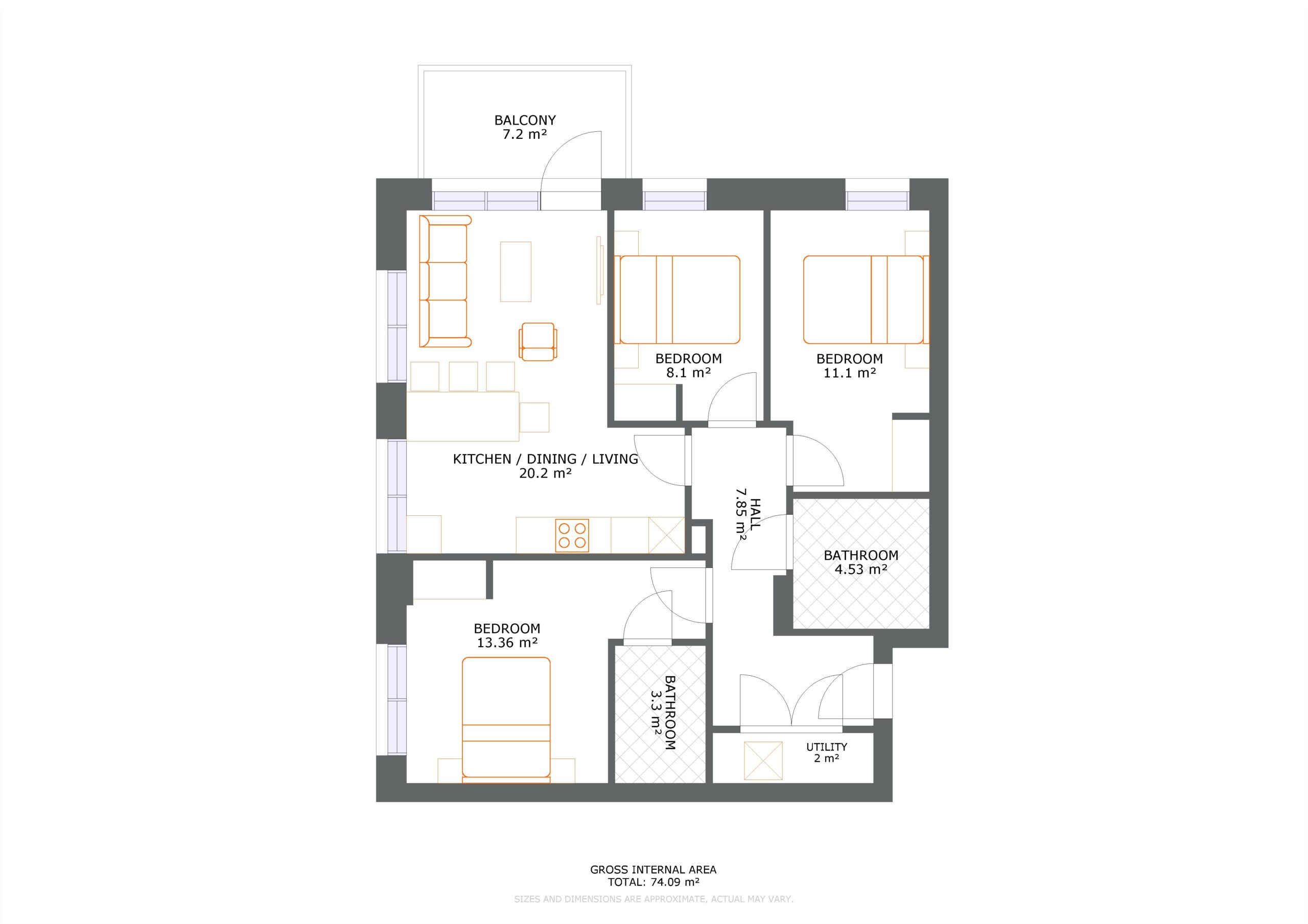 UNCLE Colindale 3 Bed Apartment Floorplan