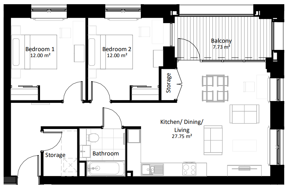 UNCLE Wembley 2 Bed Floorplan Drawing